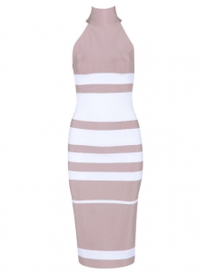 Women Stripe Midi Bandage Dresses Apricot 