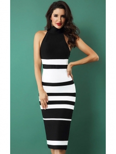 Women Stripe Midi Bandage Dresses Black  