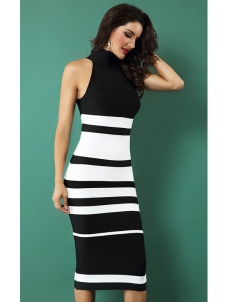 Women Stripe Midi Bandage Dresses Black  