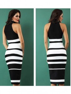 Women Stripe Midi Bandage Dresses Black  