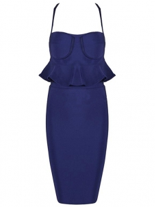 Women Two Piece Sleeveless Bandage Dress Dark Blue