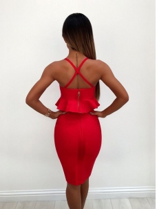 Women Two Piece Sleeveless Bandage Dress Red