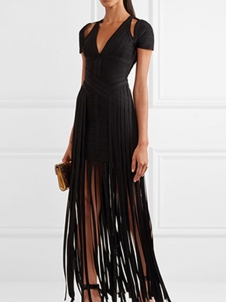 Women V-neck Short Sleeve Fringed Bandage Dress 