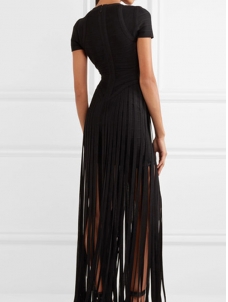 Women V-neck Short Sleeve Fringed Bandage Dress 