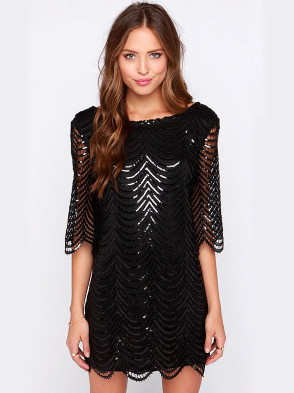 Cap Sleeve Tassel Sequin Dresses Black