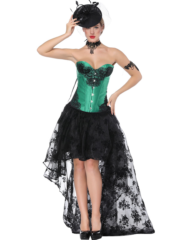Court Lace Up Overbust Corset Dress Green