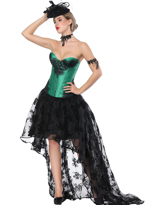 Court Lace Up Overbust Corset Dress Green