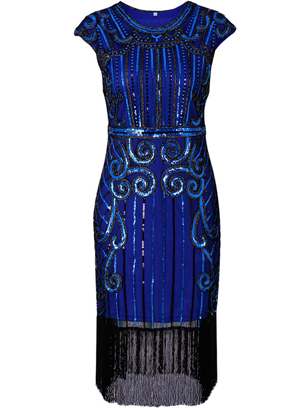 Elegant Cap Sleeve Tassel Sequin Dresses Blue