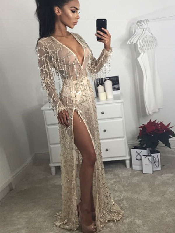 Sexy Deep-V See Through Tassel Sequin Dresses 