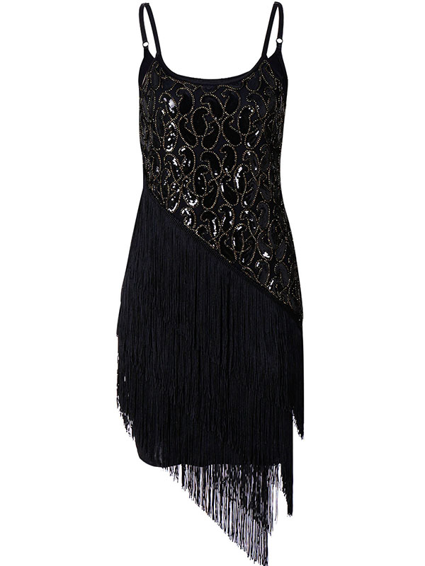 Spaghetti Strap Patchwork Sequin Dresses Black