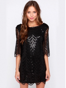 Cap Sleeve Tassel Sequin Dresses Black