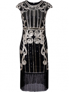 Elegant Cap Sleeve Tassel Sequin Dresses Black