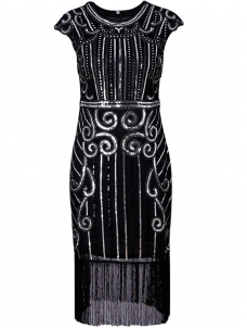 Elegant Cap Sleeve Tassel Sequin Dresses Sliver