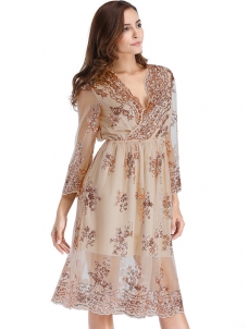 Half Sleeve Lace Sequin Dresses Golden