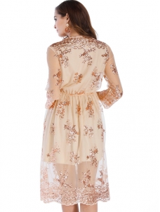 Half Sleeve Lace Sequin Dresses Golden