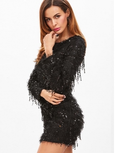 Long Sleeve 0-Neck Tassel Sequin Dress