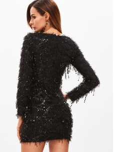 Long Sleeve 0-Neck Tassel Sequin Dress