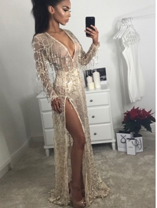 Sexy Deep-V See Through Tassel Sequin Dresses 