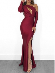 Women Noble One Shoulder Long  Dresses Wine Red