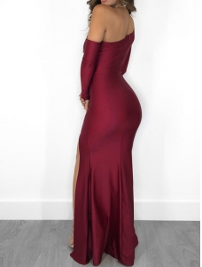 Women Noble One Shoulder Long  Dresses Wine Red