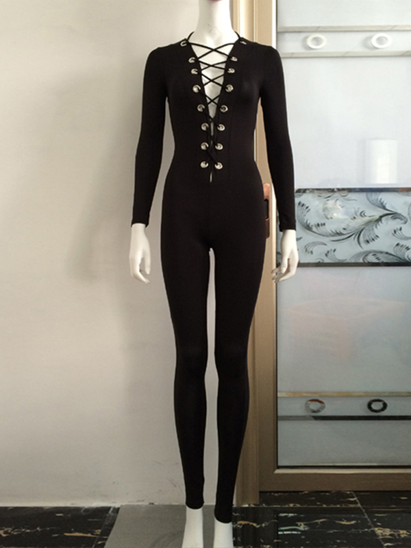 Deep V Neck Lace Up Jumpsuit Black