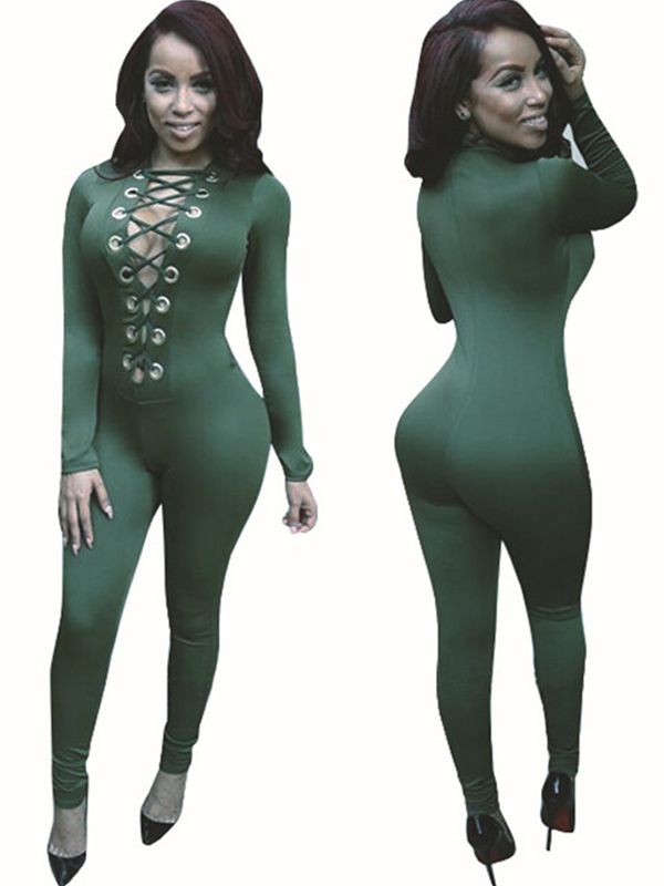 Deep V Neck Lace Up Jumpsuit Dark Green