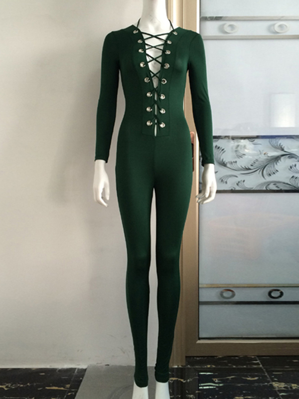 Deep V Neck Lace Up Jumpsuit Dark Green