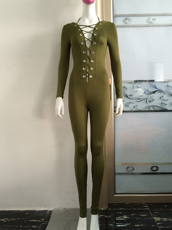 Deep V Neck Lace Up Jumpsuit Green
