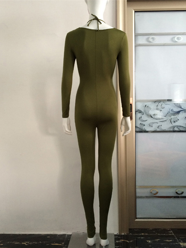 Deep V Neck Lace Up Jumpsuit Green