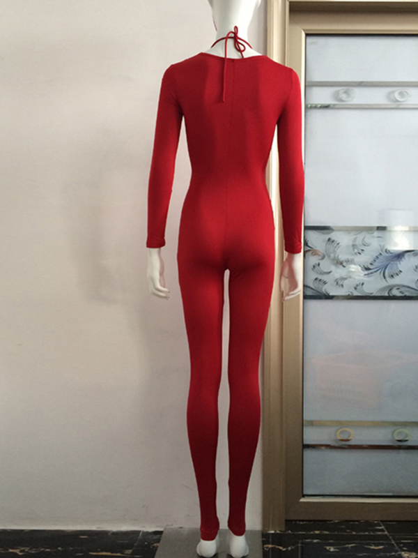 Deep V Neck Lace Up Jumpsuit Red