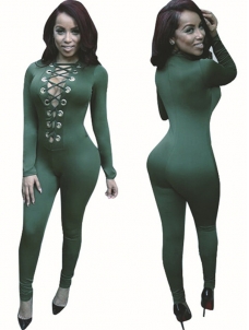 Deep V Neck Lace Up Jumpsuit Dark Green