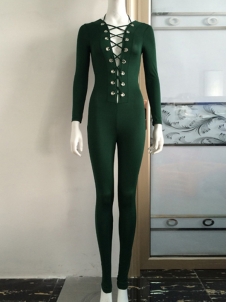 Deep V Neck Lace Up Jumpsuit Dark Green