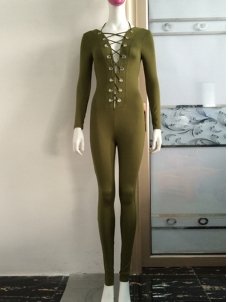 Deep V Neck Lace Up Jumpsuit Green