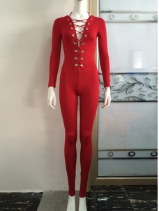 Deep V Neck Lace Up Jumpsuit Red