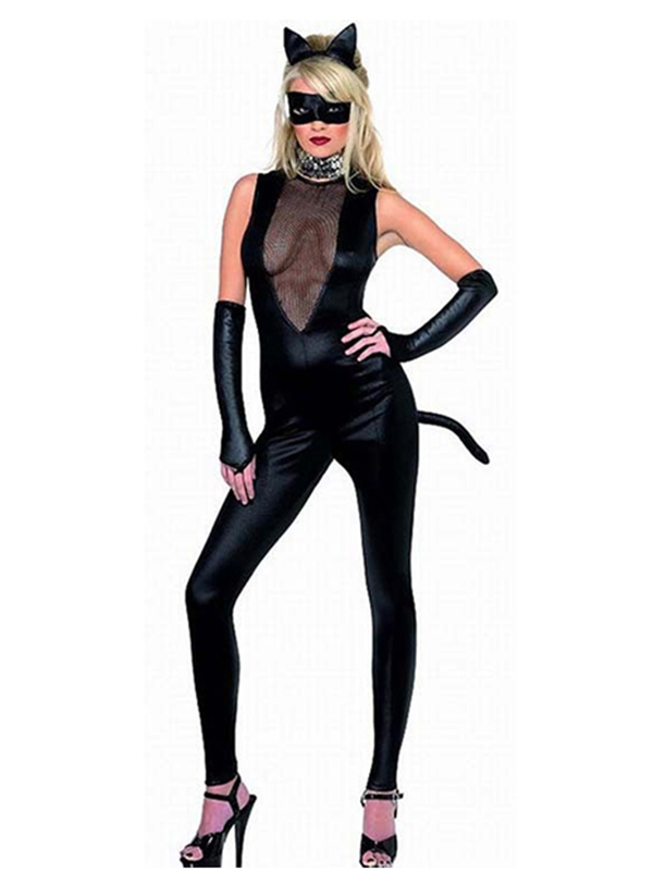 Black Cat Women Sexy Sleeveless Vinyl Jumpsuit