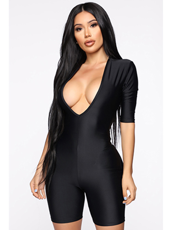 Black Deep V Neck Women Romper