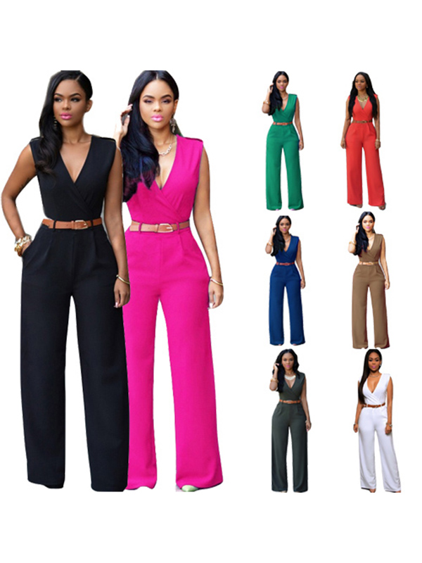 Women Deep V Neck Sleeveless Wide Leg Jumpsuit With Belt