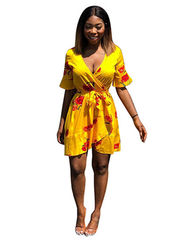 Yellow Deep V Neck Women Mini Dress