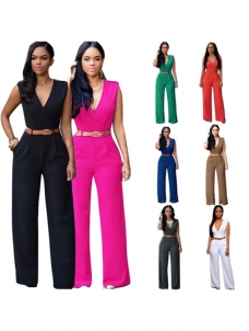 Women Deep V Neck Sleeveless Wide Leg Jumpsuit With Belt