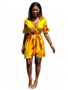 Yellow Deep V Neck Women Mini Dress