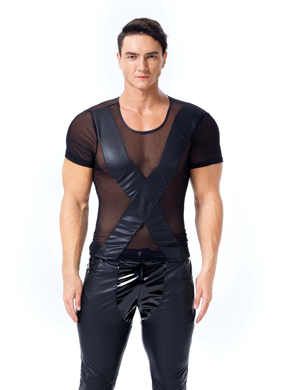 Men Transparent Short Sleeve Leather Tops