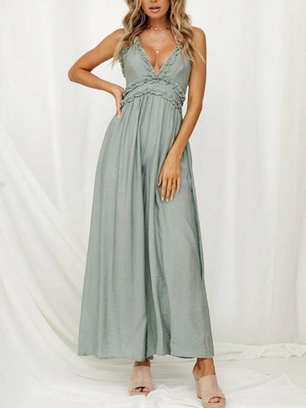 Spaghetti Strap Plunge Open Back Jumpsuit