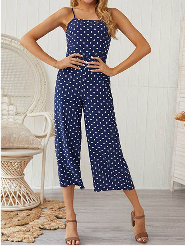 Spaghetti Strap Polka Dot Print Tie Back Jumpsuit