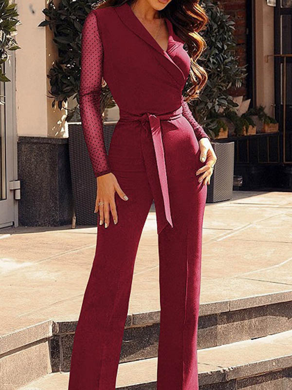 V-neck Polka Dot Print Panel Tie Waist Long Sleeve Jumpsuit