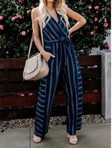 Blue Stripe V-neck Open Back Sleeveless Jumpsuit
