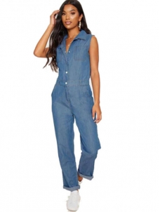 Casual Sleeveless Straight Lapel Denim Jumpsuit