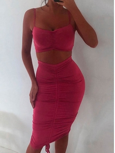 Ruched Detail Crop Cami Top And High Waist Skirt