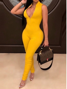 Unique Plain Sleeveless Zipper Shirred Jumpsuit Great Quality