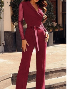 V-neck Polka Dot Print Panel Tie Waist Long Sleeve Jumpsuit