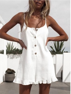 White Spaghetti Strap Button Placket Front Ruffle Hem Playsuit